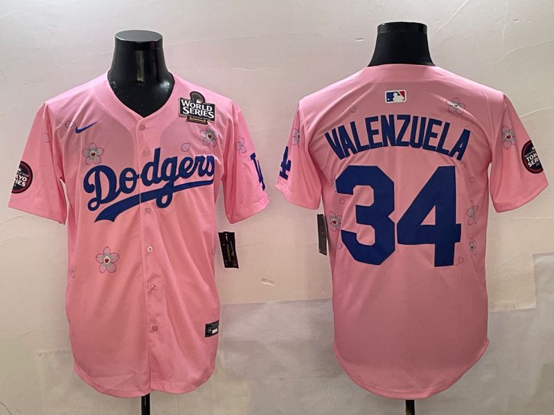 Men Los Angeles Dodgers 34 Valenzuela Pink Sakura Edition 2025 Nike MLB Jersey style 7